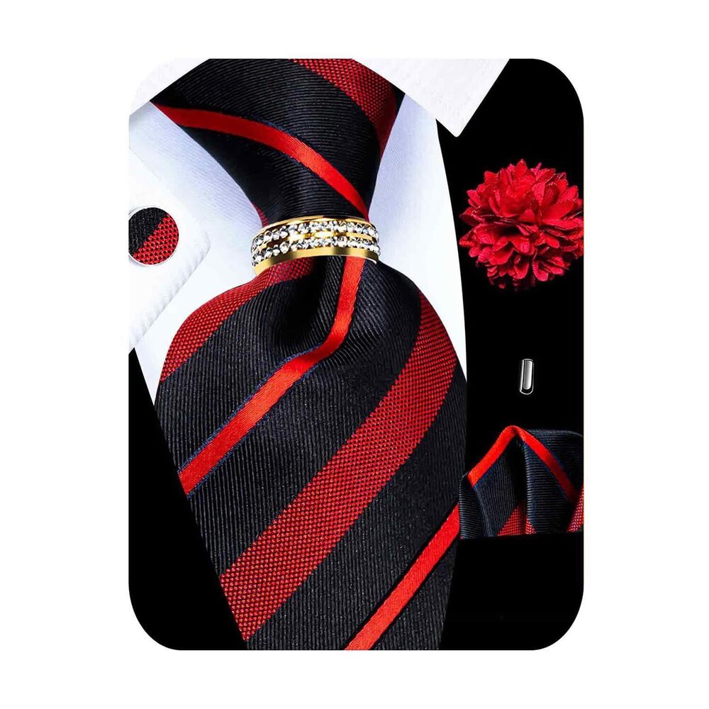 6505 5PCS Red Black Striped Tie Pocket Square , Silk Necktie